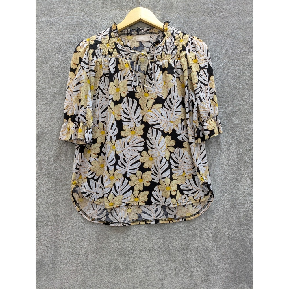Boho Floral Blouse Womens Small Melloday Smocked Tropical Monstera Leaf Print
